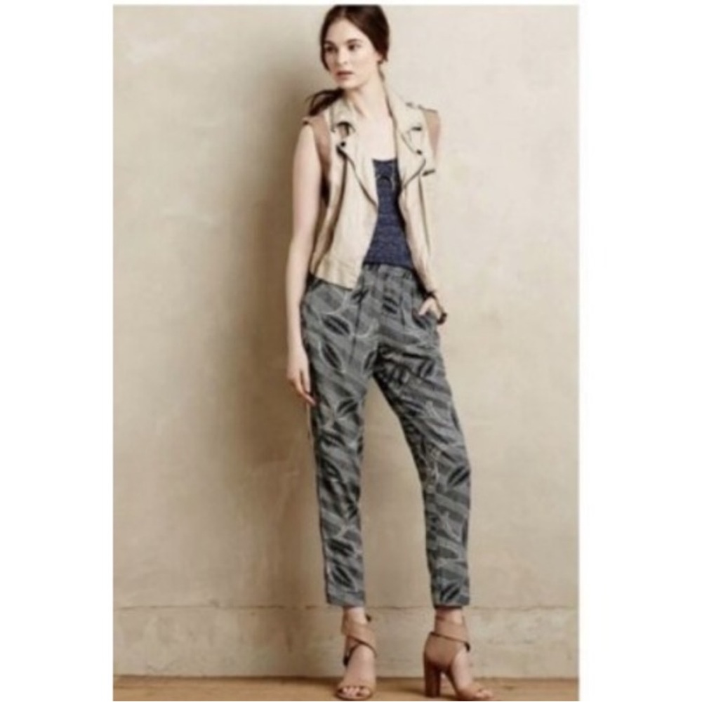 Anthropologie Hei Hei Lourinha Leaf Print Pants Navy Blue Size Xsmall
